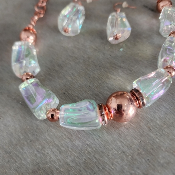 Iridescent Opaline Bead Necklace with Rose Gold Copper Accents and Earrings - Picture 4 of 7